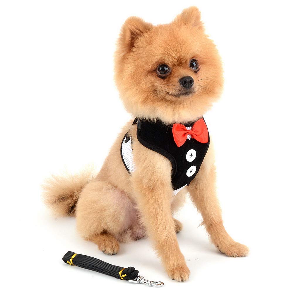 Bow Tie Tuxedo Dog Harness – Soft Mesh Vest & Leash Set for Small Dogs & Cats | Adjustable, Breathable & Formal Look (Black, Size S)