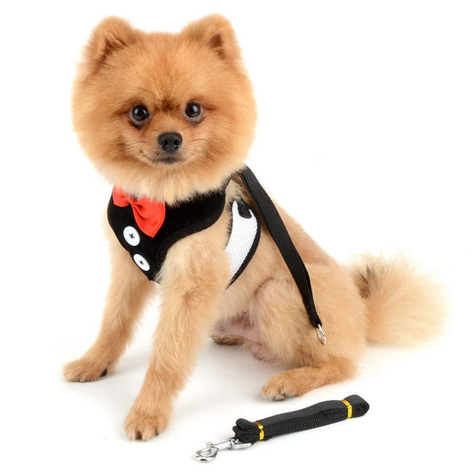 Bow Tie Tuxedo Dog Harness – Soft Mesh Vest & Leash Set for Small Dogs & Cats | Adjustable, Breathable & Formal Look (Black, Size S)
