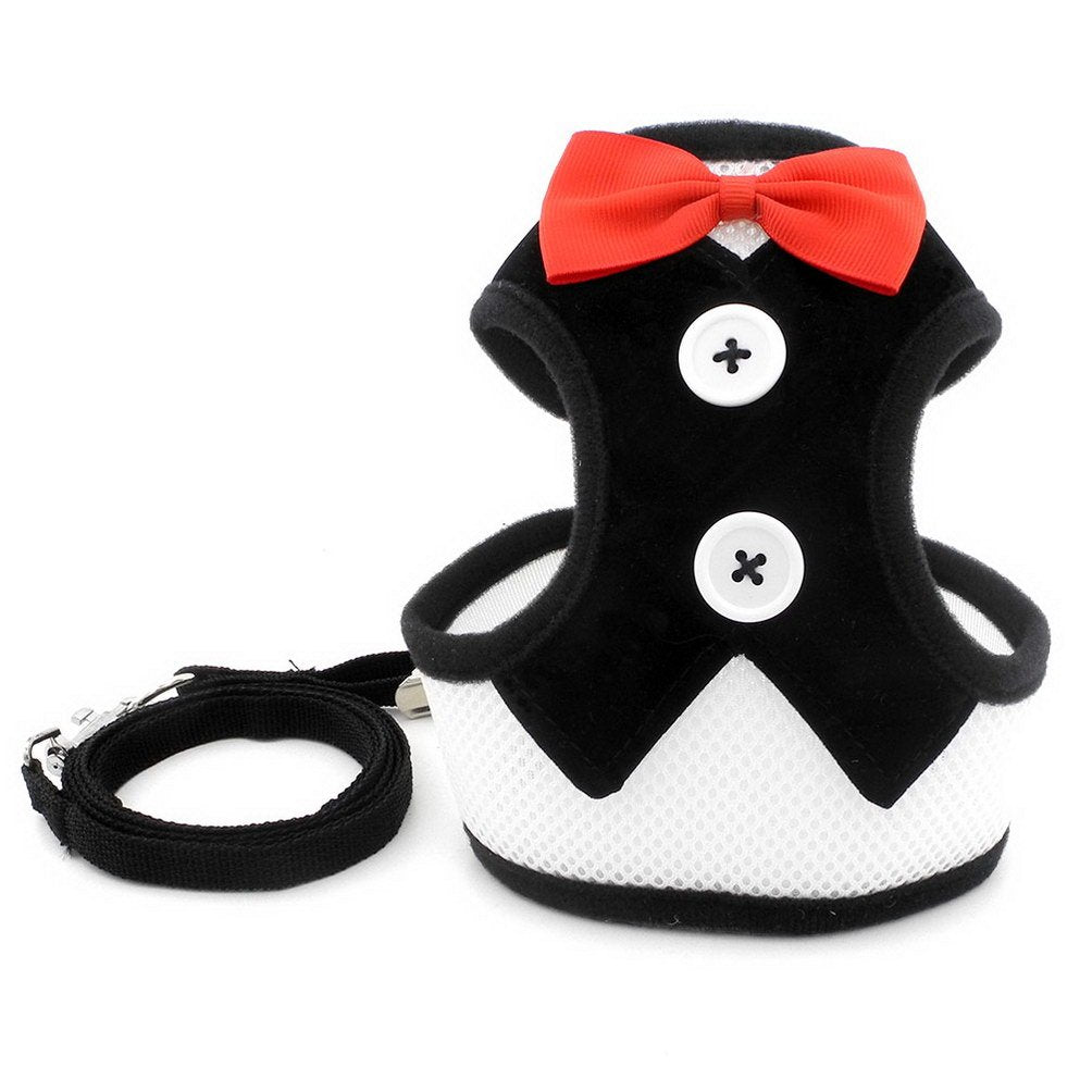 Bow Tie Tuxedo Dog Harness – Soft Mesh Vest & Leash Set for Small Dogs & Cats | Adjustable, Breathable & Formal Look (Black, Size S)