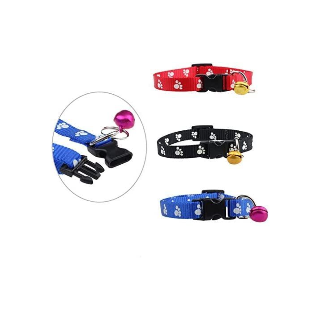 10MM Paw Print Adjustable Pet Collar with Bell – Buckle Collar for Dogs, Puppies, Cats & Kittens (X-Small Size)