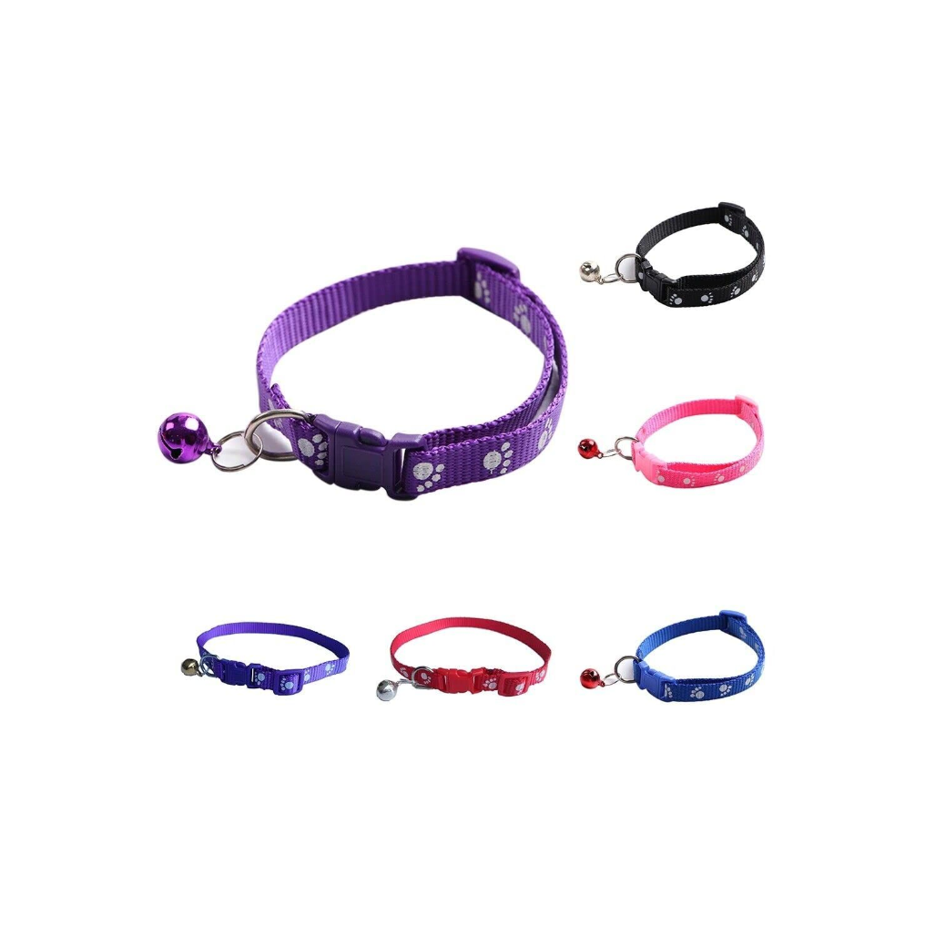 10MM Paw Print Adjustable Pet Collar with Bell – Buckle Collar for Dogs, Puppies, Cats & Kittens (X-Small Size)