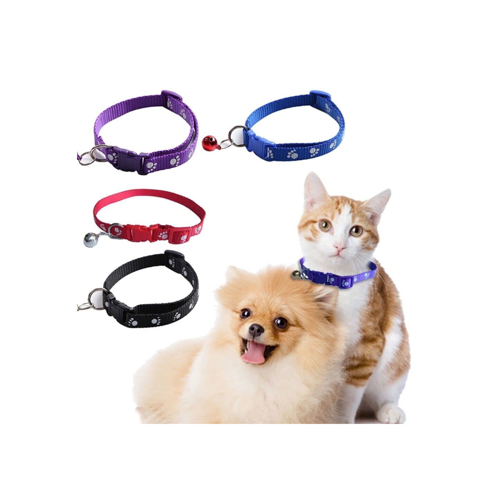 10MM Paw Print Adjustable Pet Collar with Bell – Buckle Collar for Dogs, Puppies, Cats & Kittens (X-Small Size)