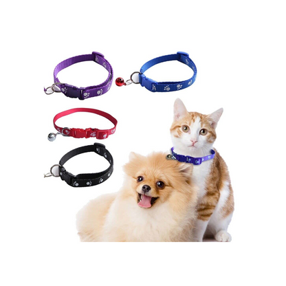 10MM Paw Print Adjustable Pet Collar with Bell – Buckle Collar for Dogs, Puppies, Cats & Kittens (X-Small Size)